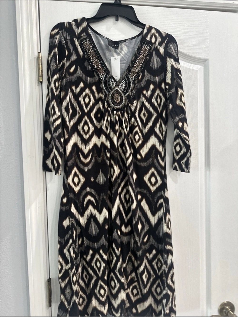Tribal Black and Cream Geometric Beaded V-Neck Long Sleeve Dress